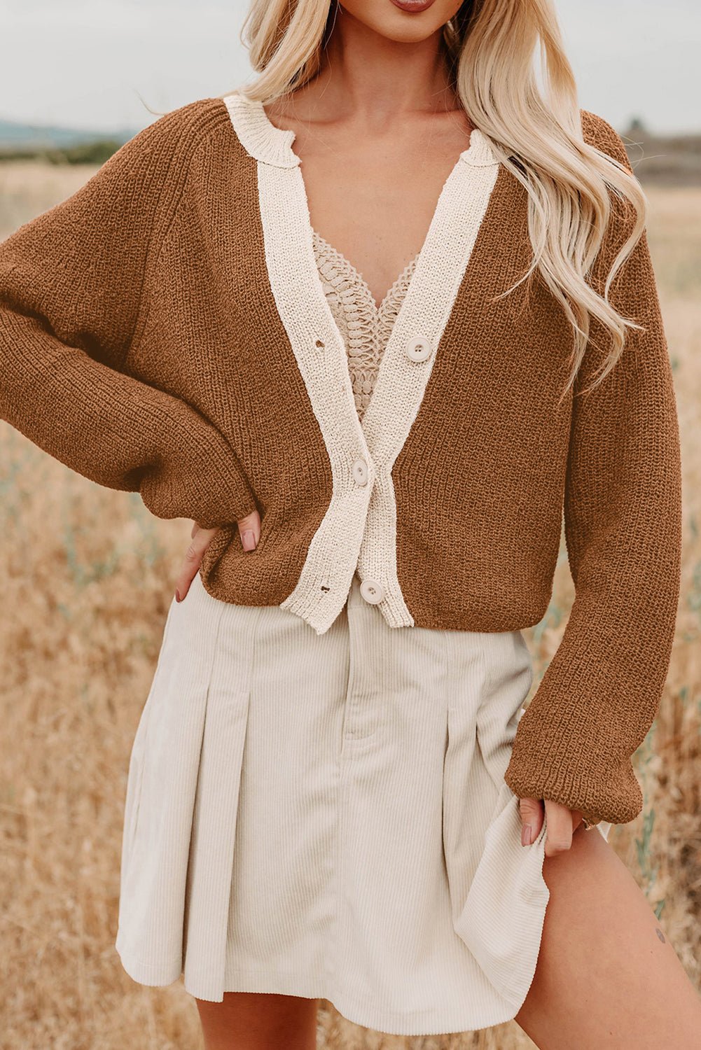 Chestnut Contrast Color V Neckline Knit Cardigan - MAD RUFFI