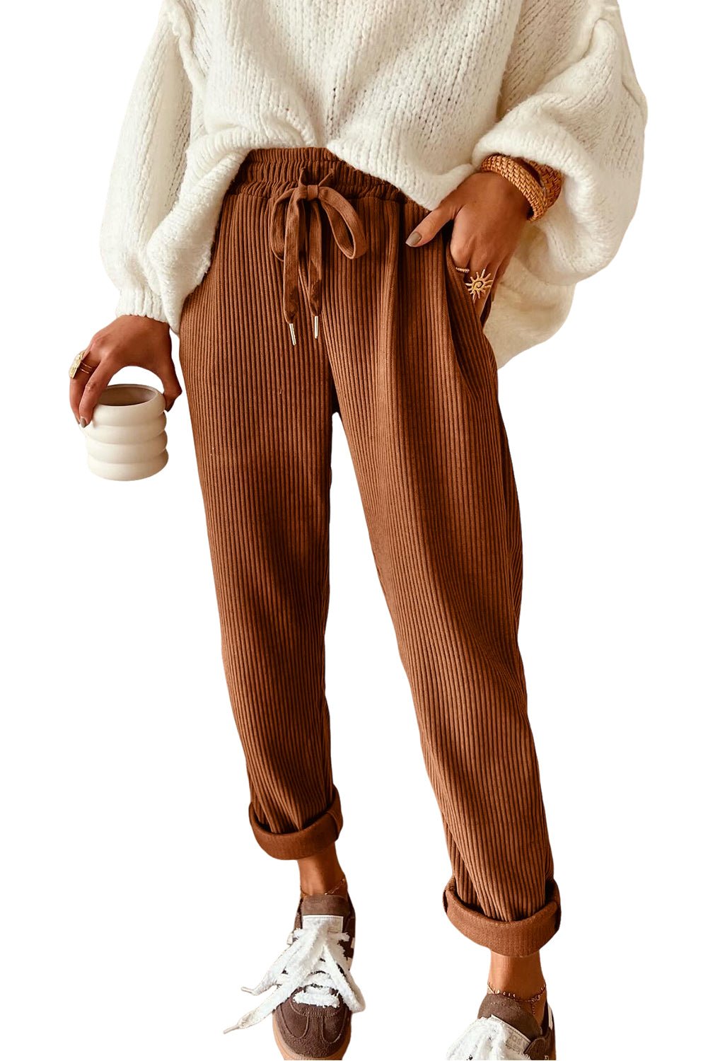 Chestnut Drawstring Elastic Waist Casual Corduroy Pants - MAD RUFFI
