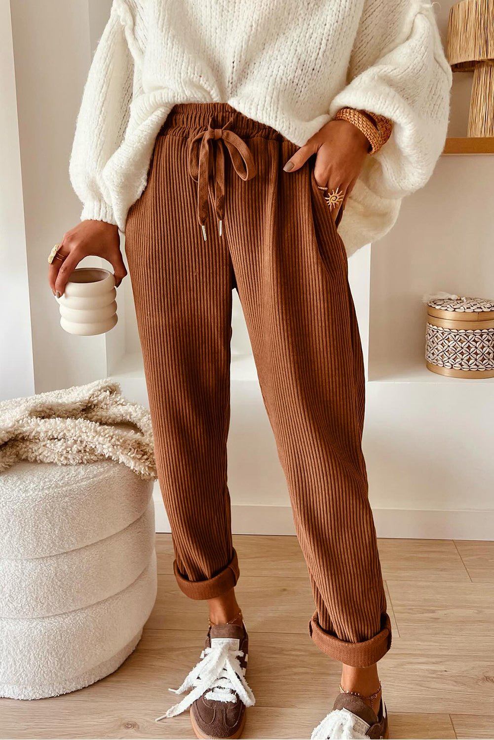 Chestnut Drawstring Elastic Waist Casual Corduroy Pants - MAD RUFFI