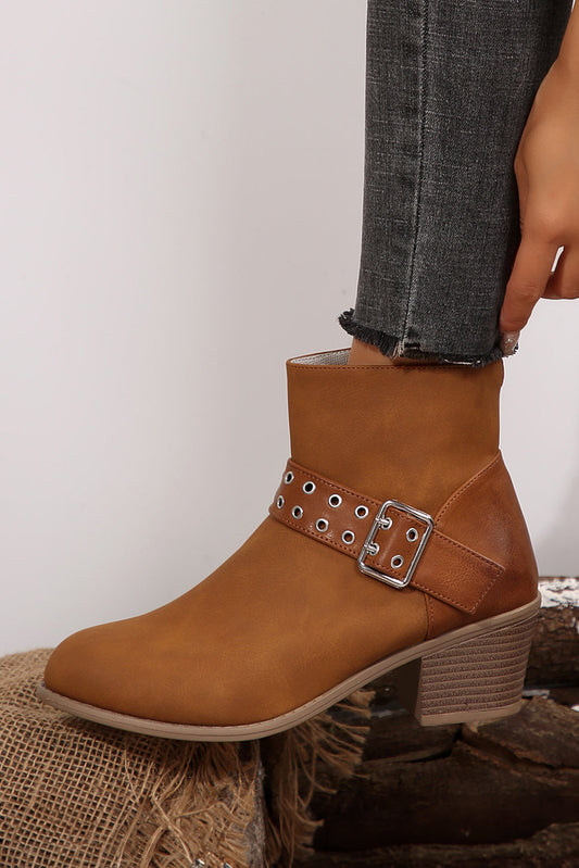 Chestnut Eyelet Buckled Chunky Heel Faux Leather Ankle Boots - MAD RUFFI