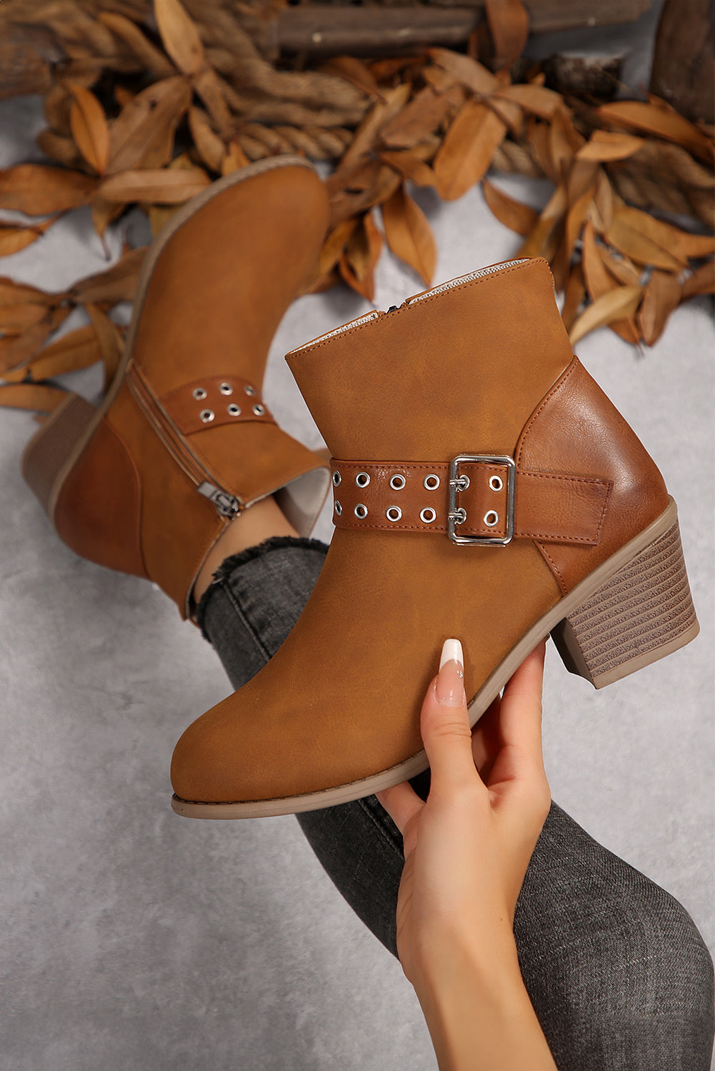 Chestnut Eyelet Buckled Chunky Heel Faux Leather Ankle Boots - MAD RUFFI