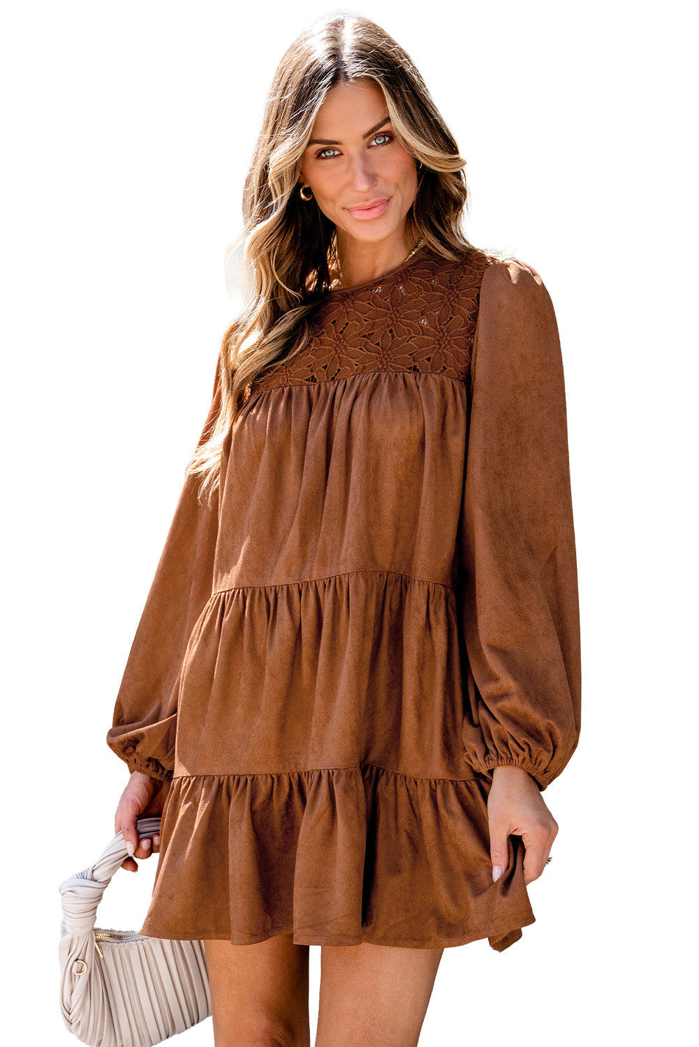 Chestnut Floral Lace Crochet Tiered Ruffle Mini Dress - MAD RUFFI