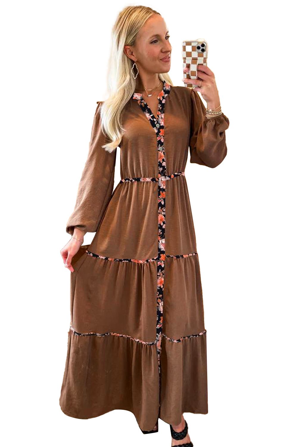 Chestnut Floral Patchwork Notched Neck Long Sleeve Maxi Dress - MAD RUFFI