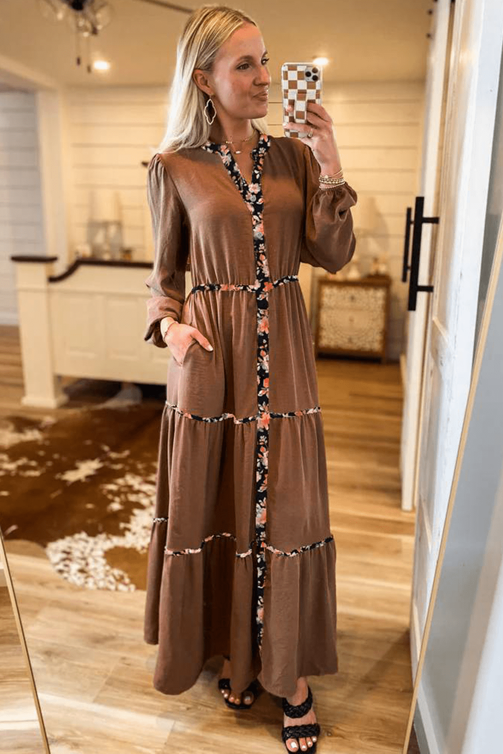 Chestnut Floral Patchwork Notched Neck Long Sleeve Maxi Dress - MAD RUFFI