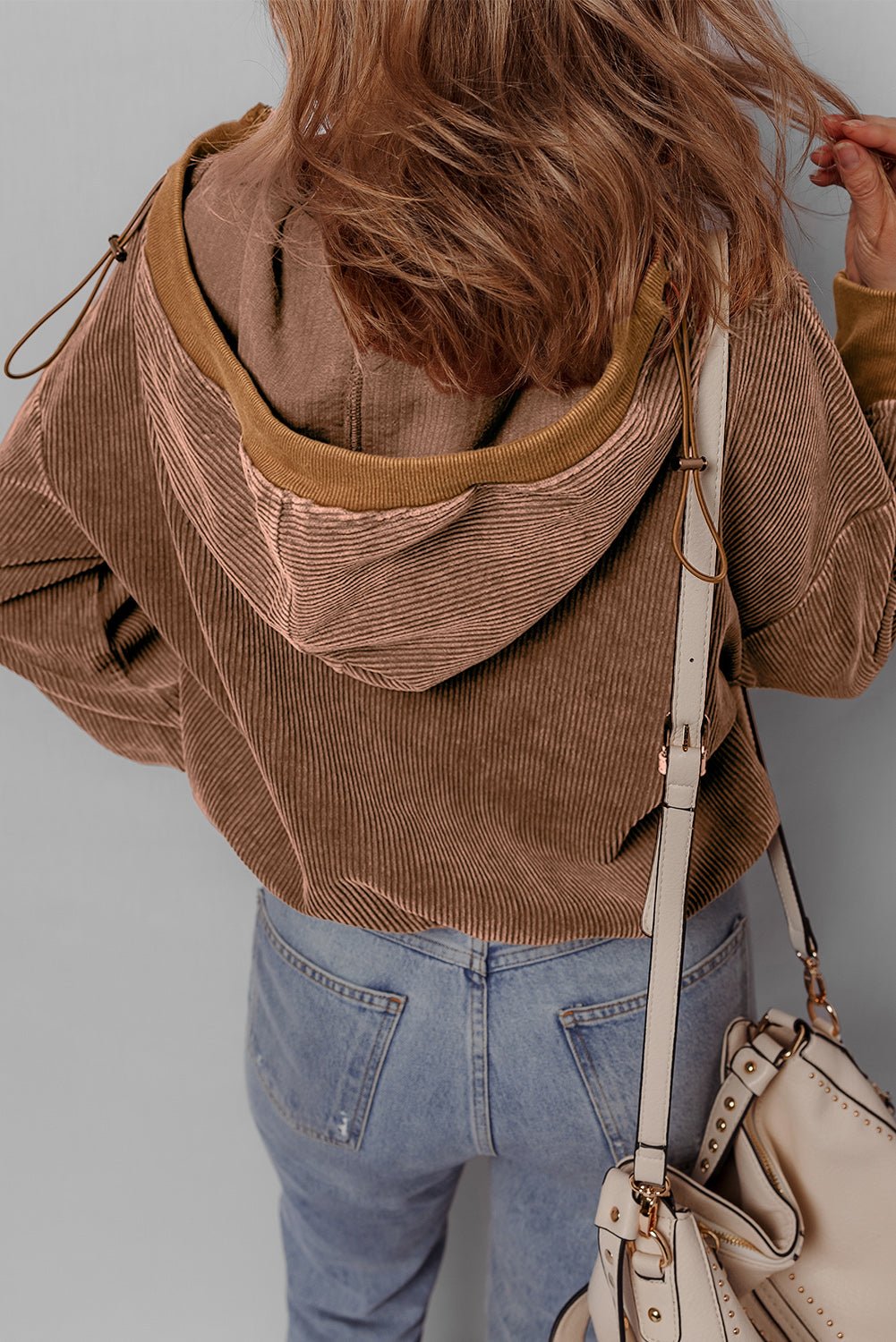 Chestnut Half Zipper Kangaroo Pocket Drawstring Corduroy Hoodie - MAD RUFFI