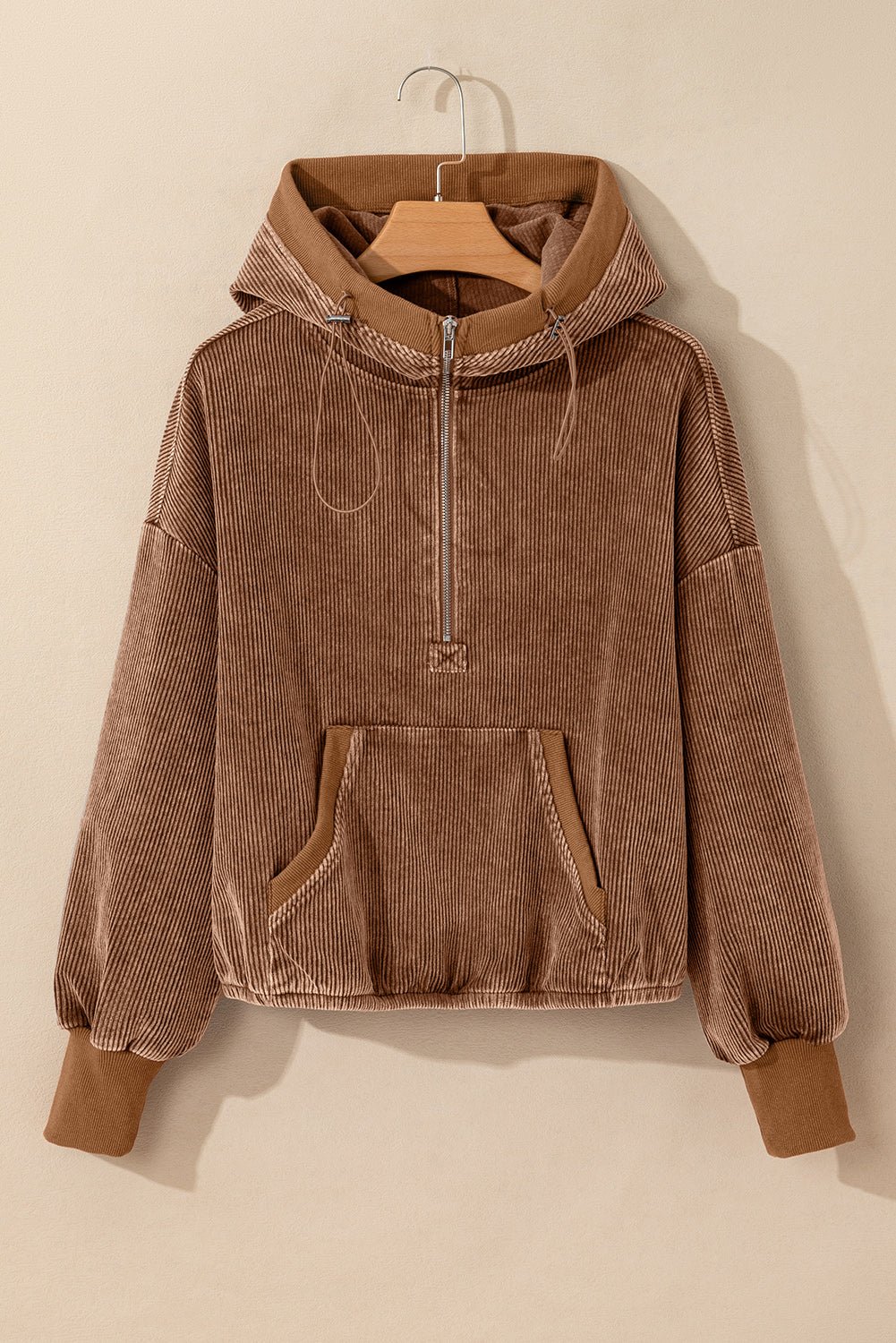Chestnut Half Zipper Kangaroo Pocket Drawstring Corduroy Hoodie - MAD RUFFI