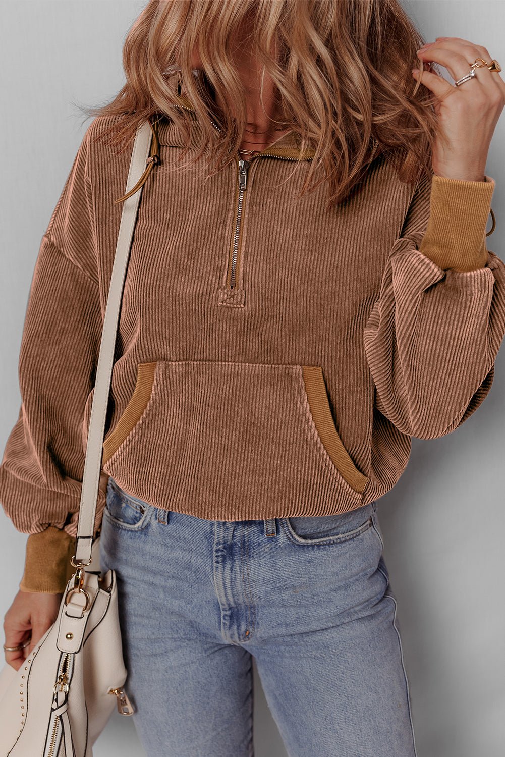 Chestnut Half Zipper Kangaroo Pocket Drawstring Corduroy Hoodie - MAD RUFFI