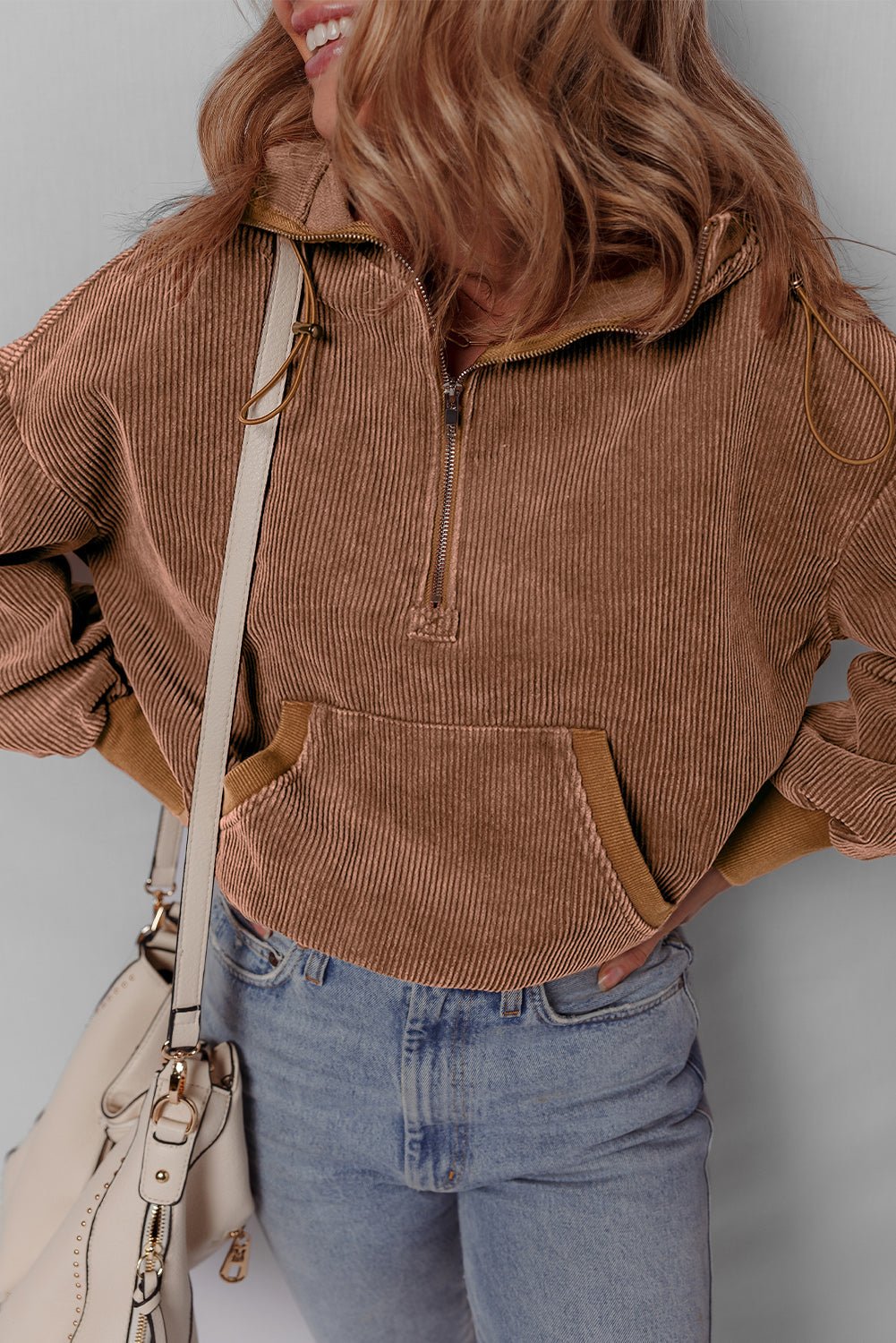 Chestnut Half Zipper Kangaroo Pocket Drawstring Corduroy Hoodie - MAD RUFFI