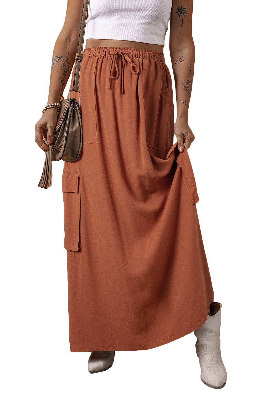 Chestnut Mineral Wash Cargo Pocket Drawstring Waist Maxi Skirt - MAD RUFFI