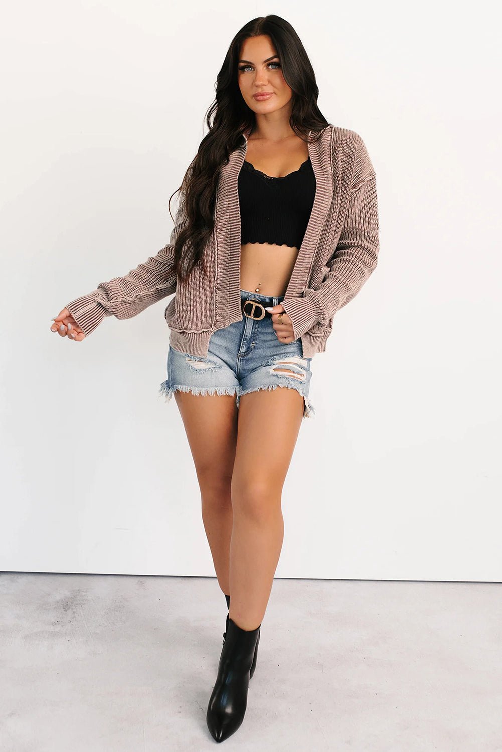 Chestnut Mineral Wash Exposed Seam Patchwork Knit Open Sweater Cardigan - MAD RUFFI