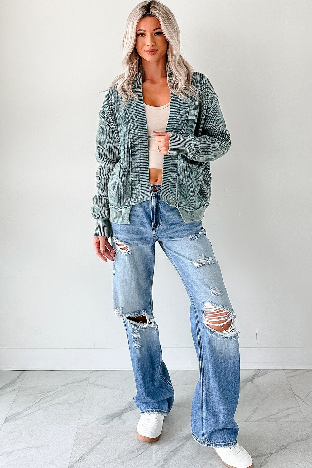 Chestnut Mineral Wash Exposed Seam Patchwork Knit Open Sweater Cardigan - MAD RUFFI