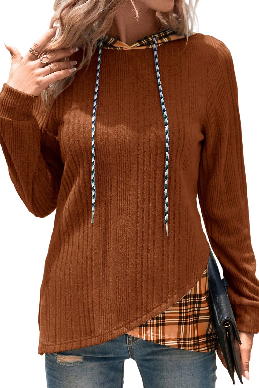 Chestnut Plaid Patchwork Ribbed Knit Drawstring Hooded Top - MAD RUFFI