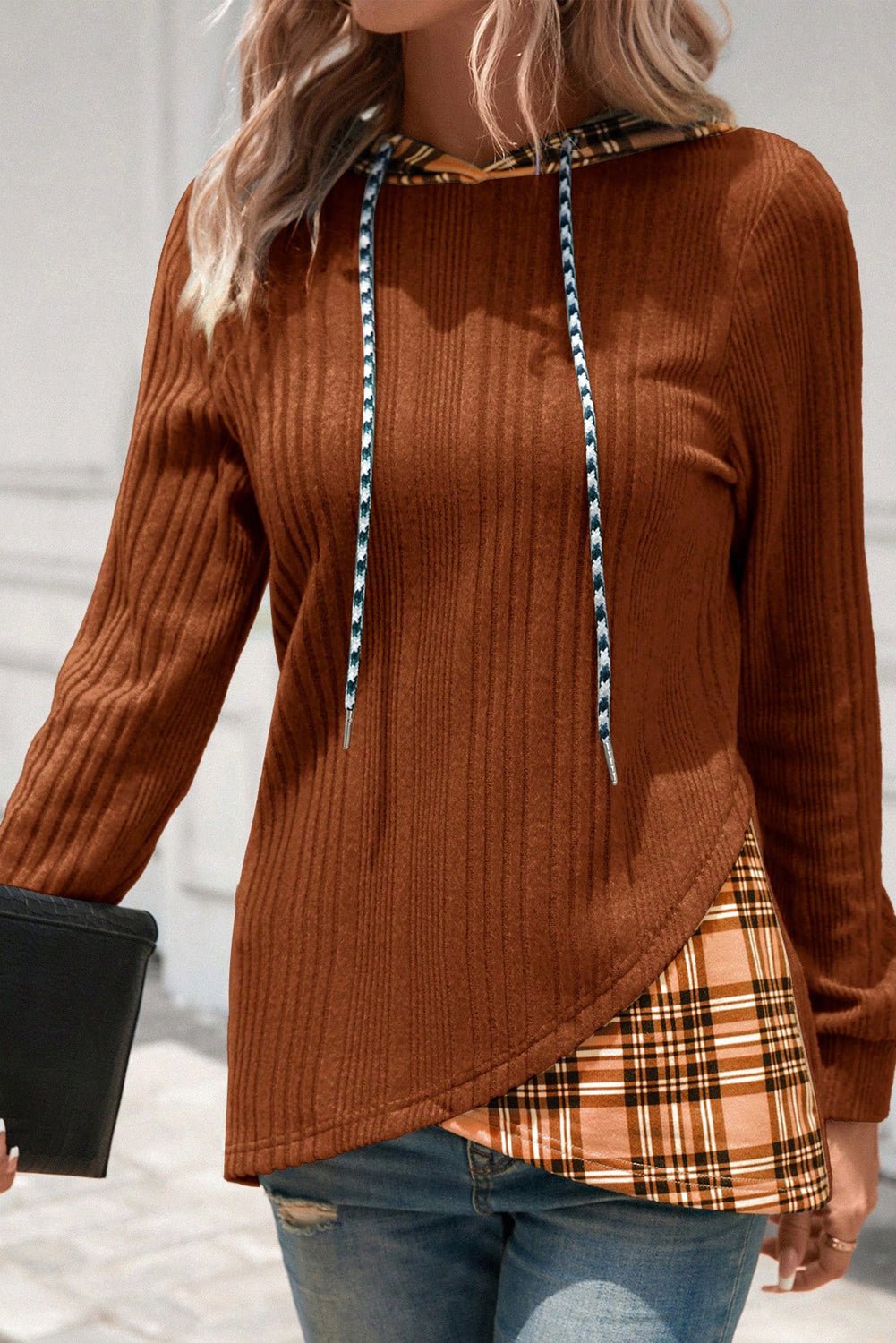 Chestnut Plaid Patchwork Ribbed Knit Drawstring Hooded Top - MAD RUFFI