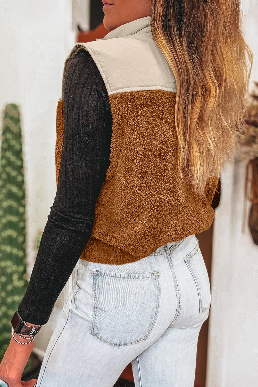 Chestnut Plush Patchwork Zipper Stand Neck Vest - MAD RUFFI