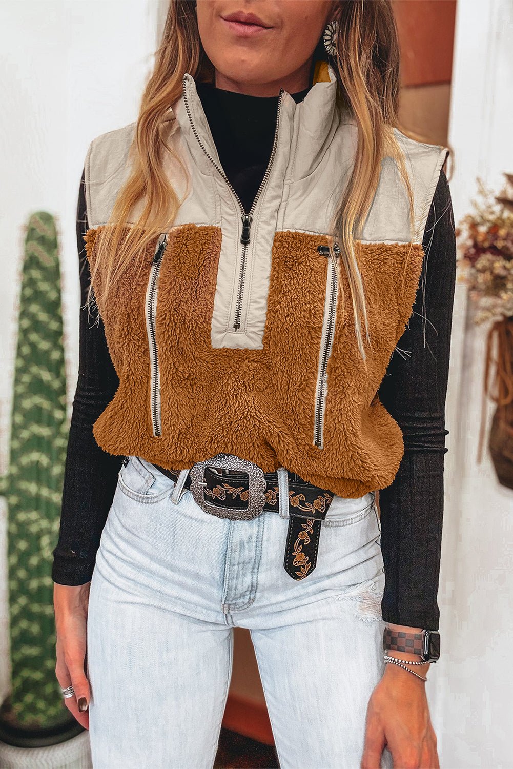 Chestnut Plush Patchwork Zipper Stand Neck Vest - MAD RUFFI