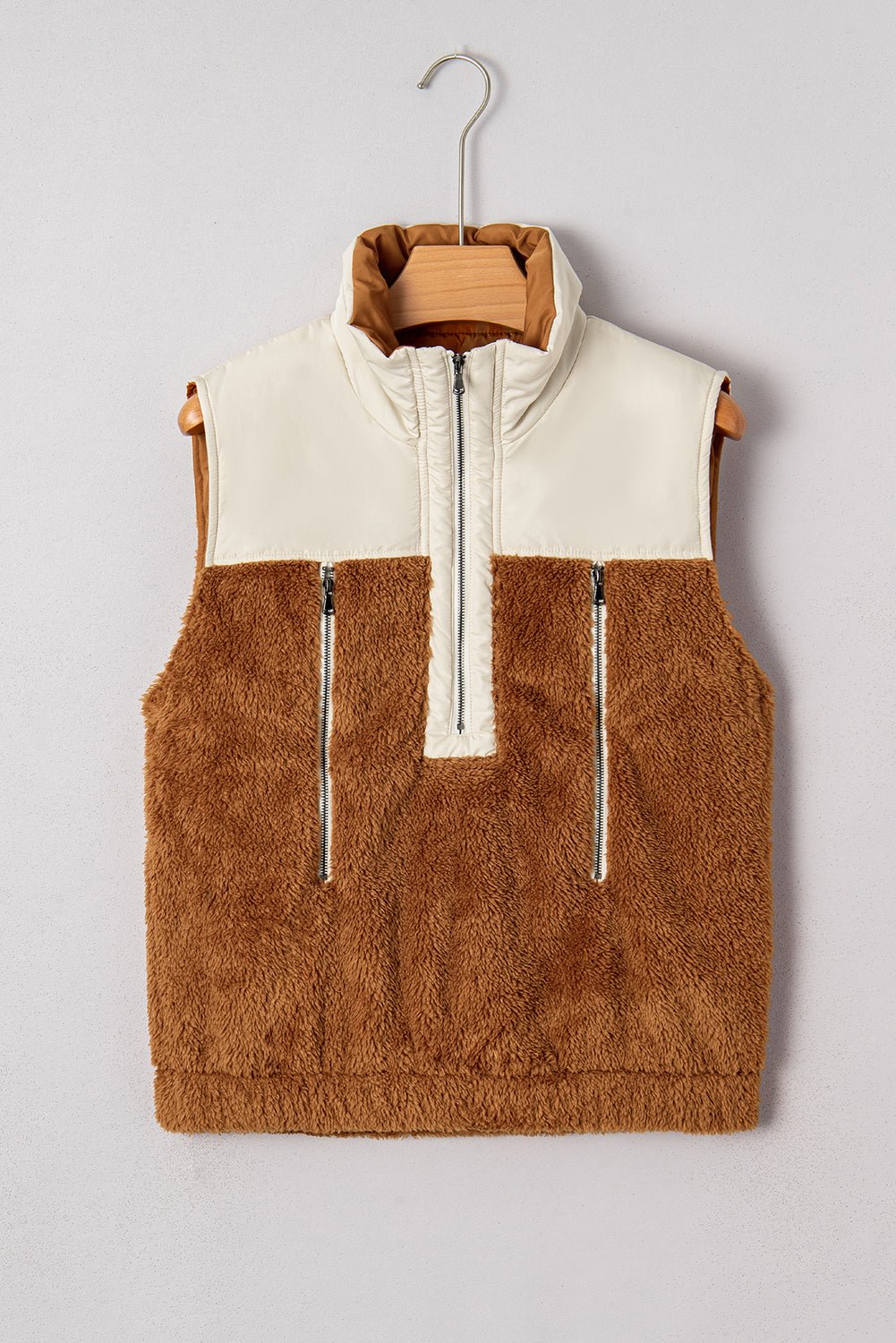 Chestnut Plush Patchwork Zipper Stand Neck Vest - MAD RUFFI