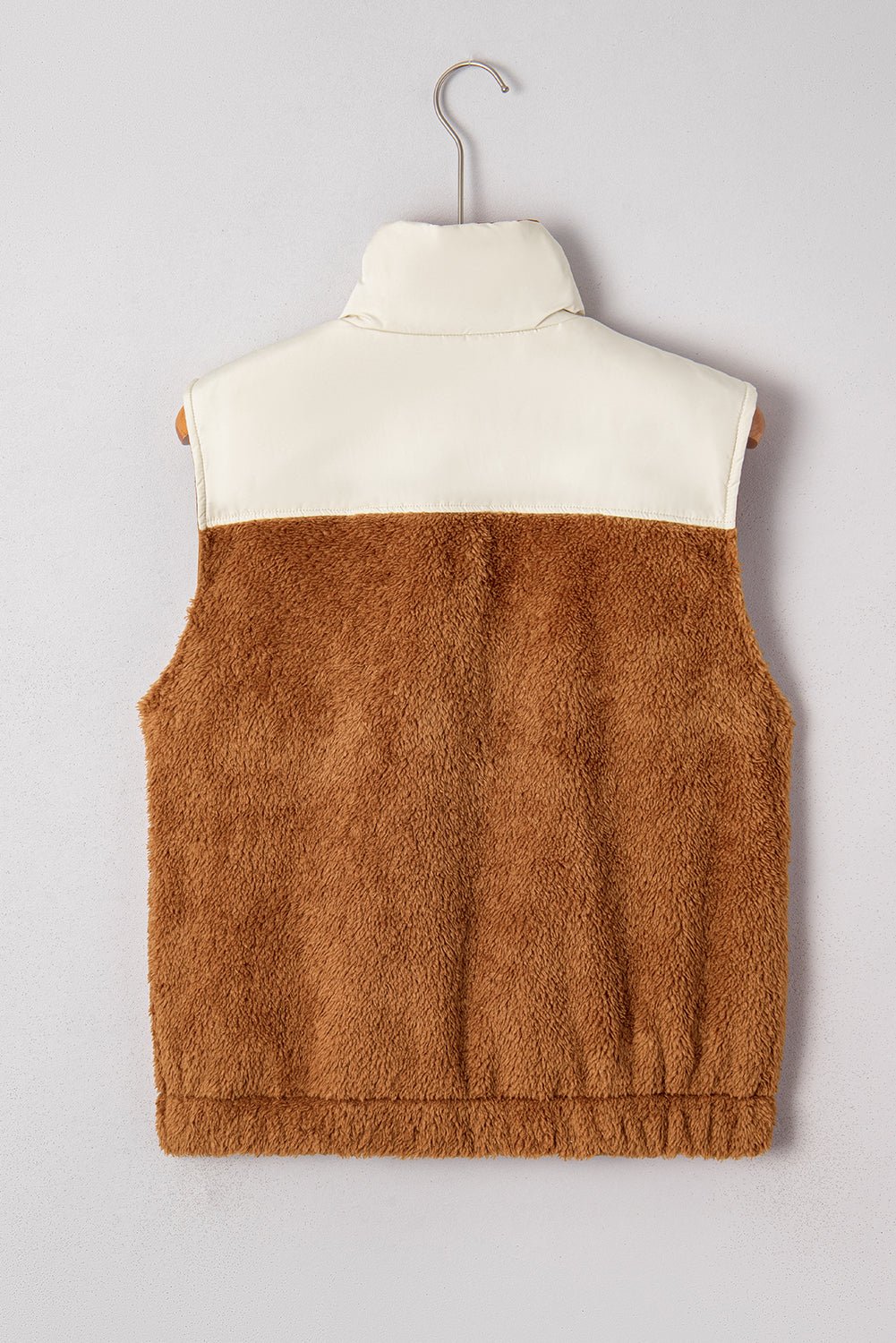 Chestnut Plush Patchwork Zipper Stand Neck Vest - MAD RUFFI
