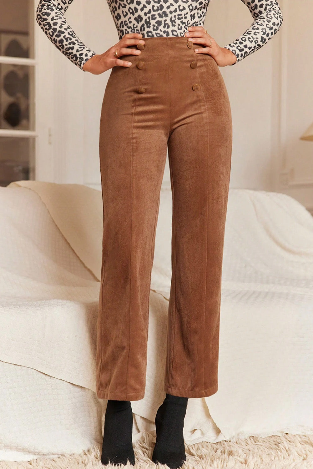 Chestnut Solid Color Double Breasted Straight Leg Pants - MAD RUFFI