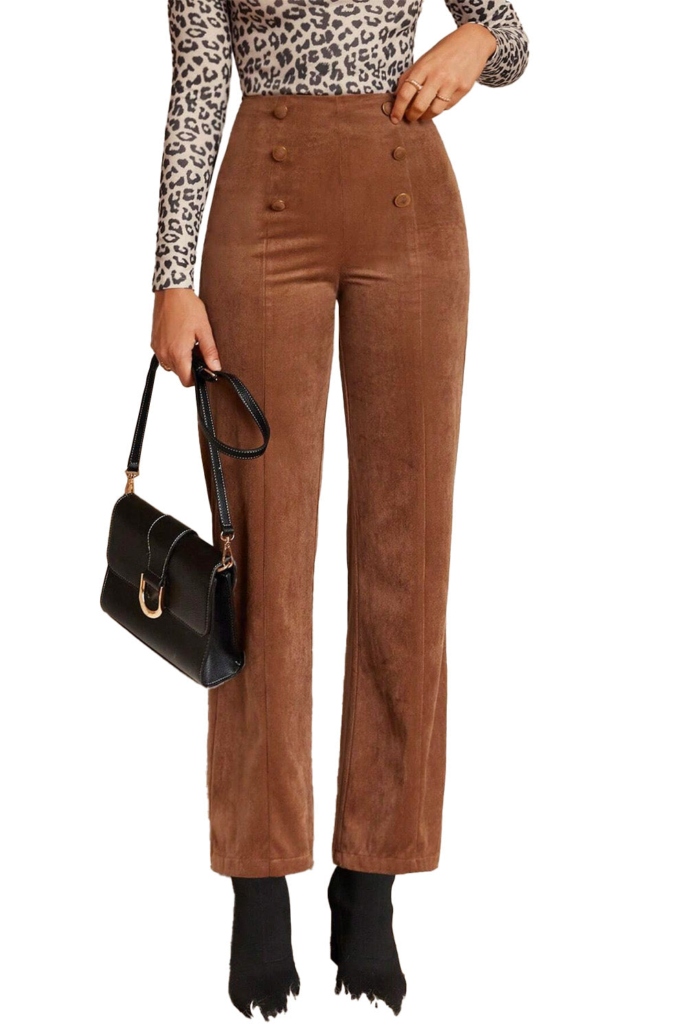 Chestnut Solid Color Double Breasted Straight Leg Pants - MAD RUFFI