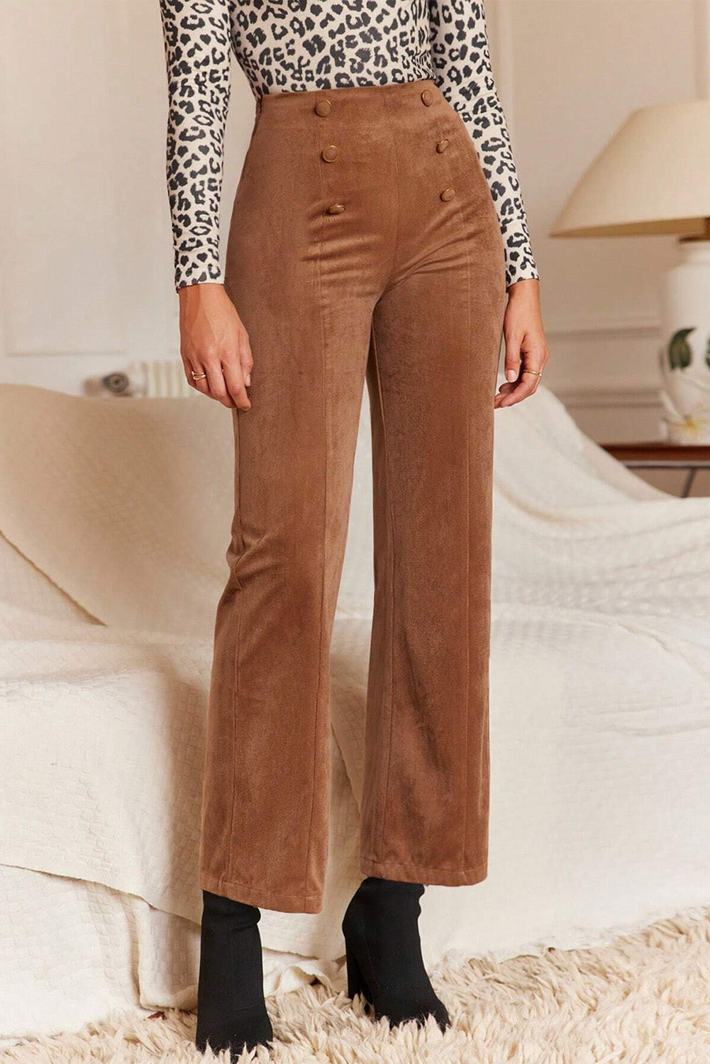 Chestnut Solid Color Double Breasted Straight Leg Pants - MAD RUFFI