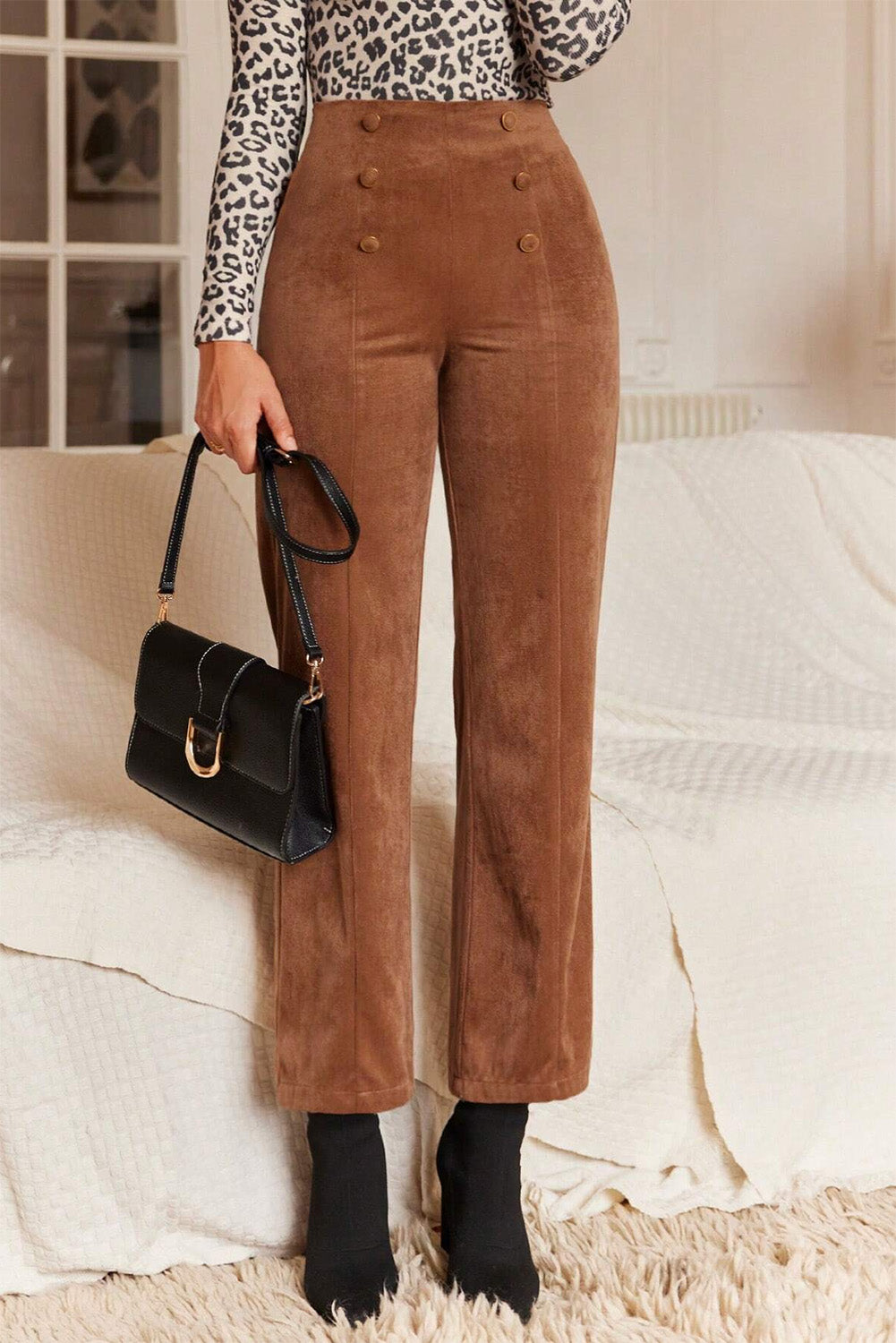 Chestnut Solid Color Double Breasted Straight Leg Pants - MAD RUFFI