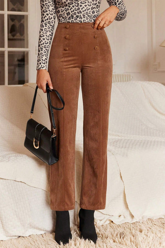 Chestnut Solid Color Double Breasted Straight Leg Pants - MAD RUFFI