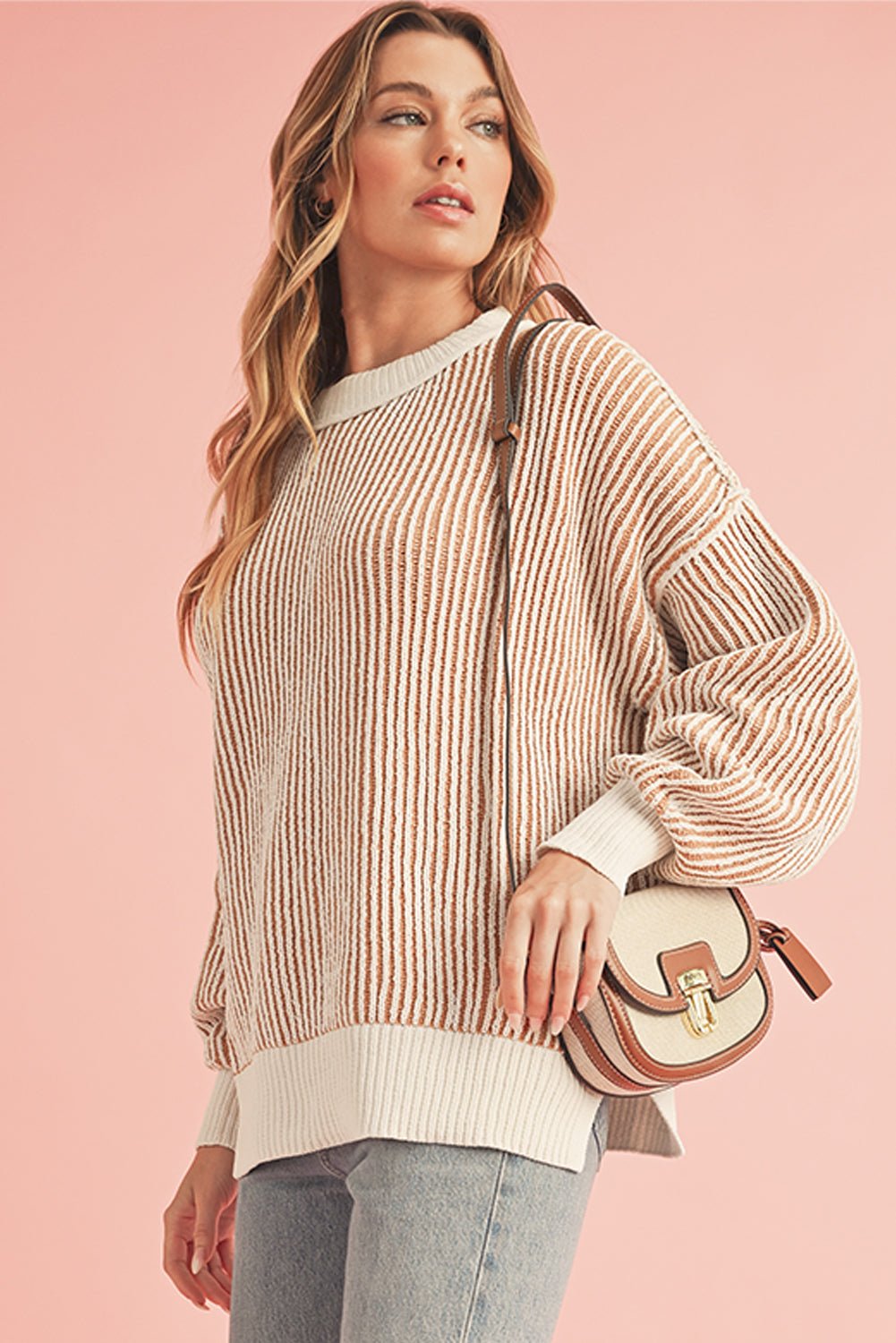 Chestnut Striped Contrast Trim Loose Sweater - MAD RUFFI