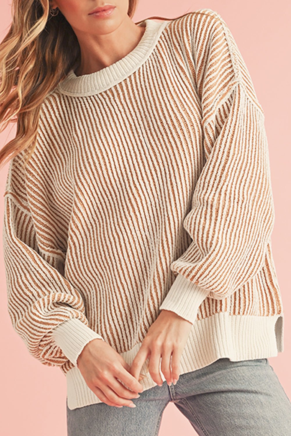 Chestnut Striped Contrast Trim Loose Sweater - MAD RUFFI