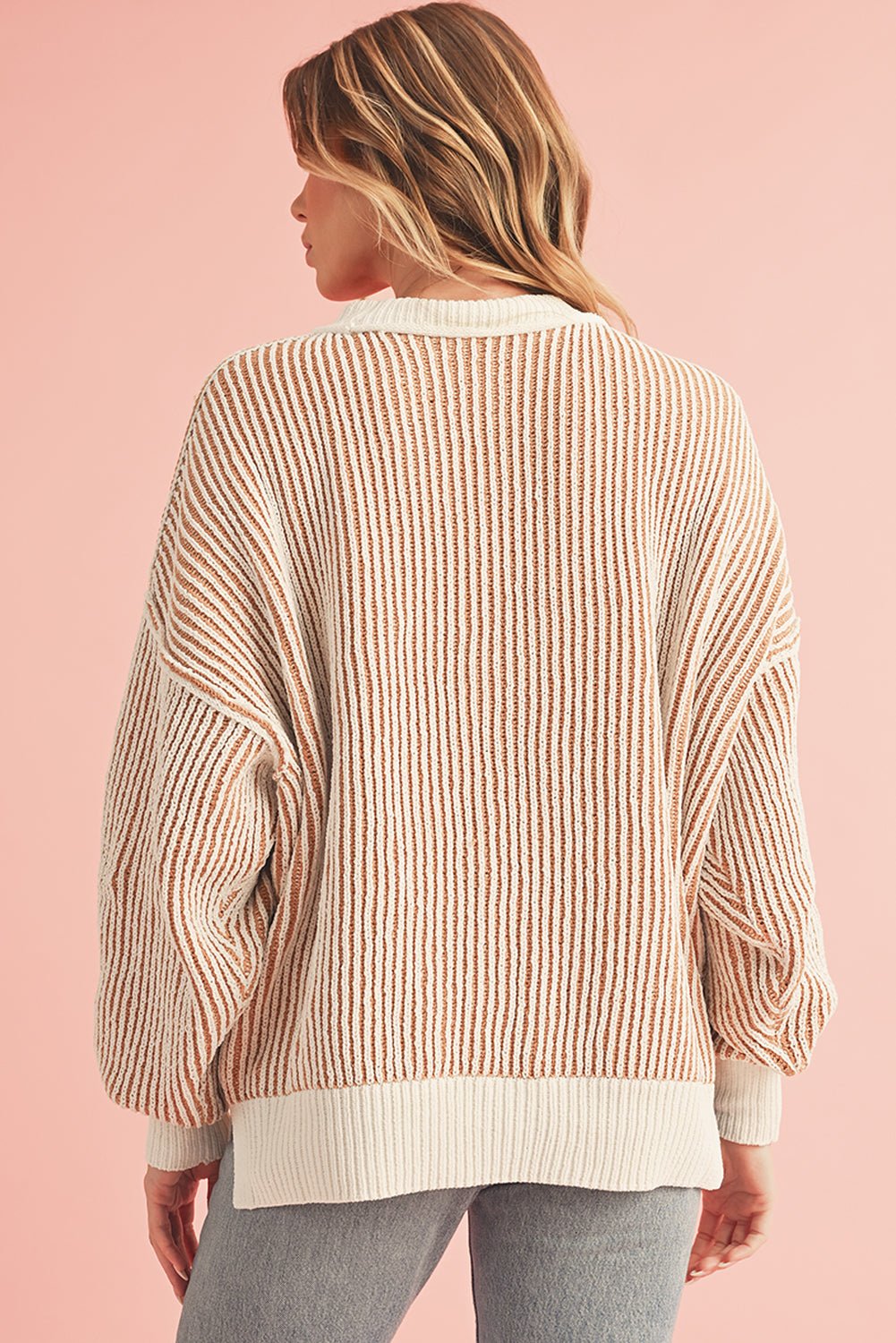 Chestnut Striped Contrast Trim Loose Sweater - MAD RUFFI