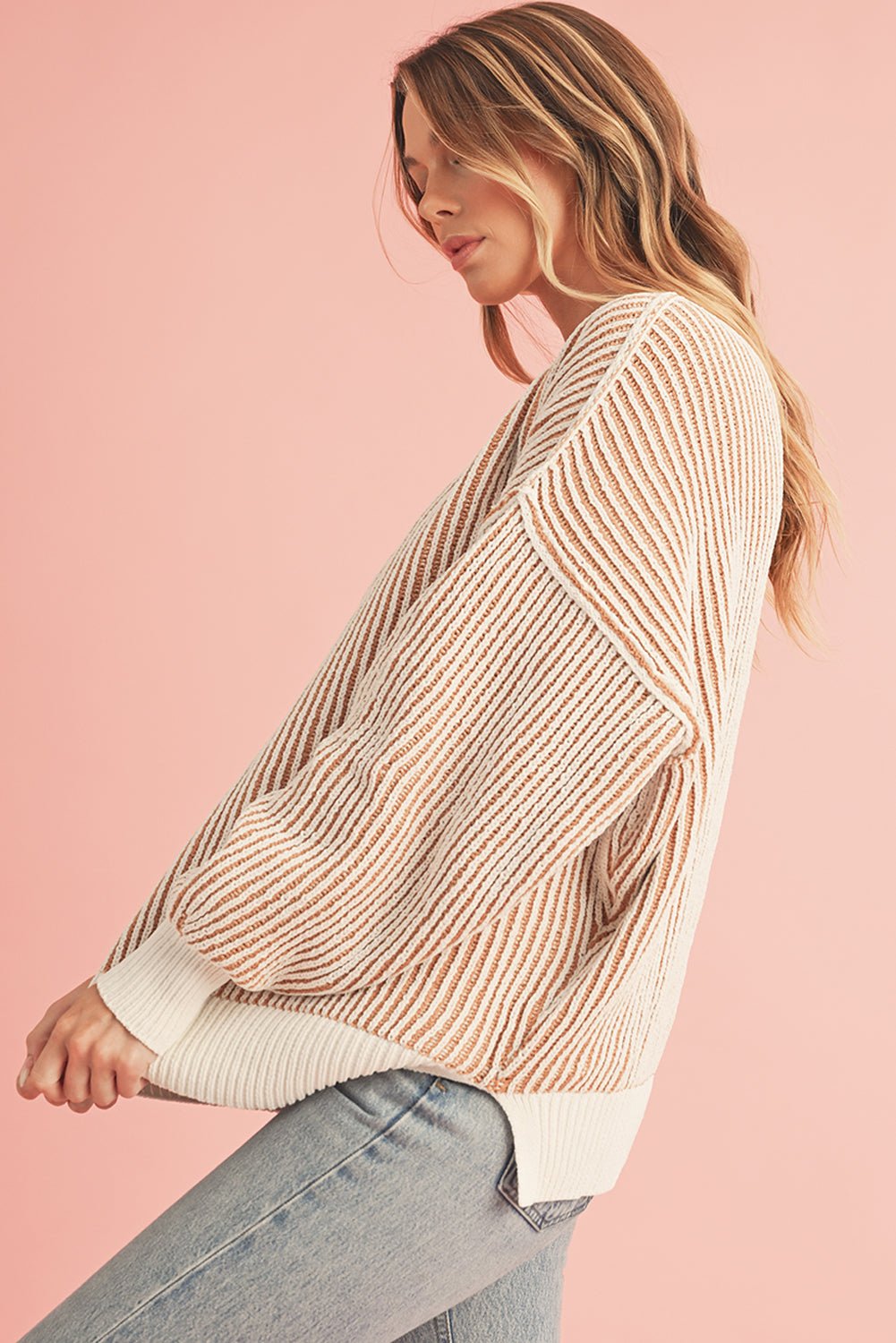 Chestnut Striped Contrast Trim Loose Sweater - MAD RUFFI