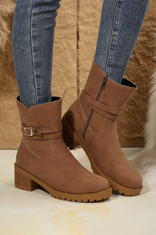 Chestnut Suede Buckle Decor Heeled Ankle Boots - MAD RUFFI