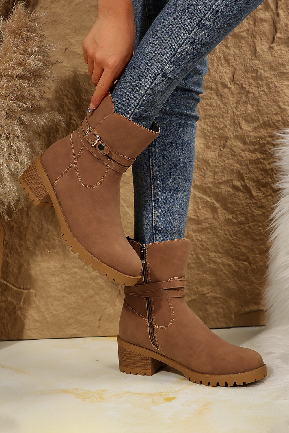 Chestnut Suede Buckle Decor Heeled Ankle Boots - MAD RUFFI