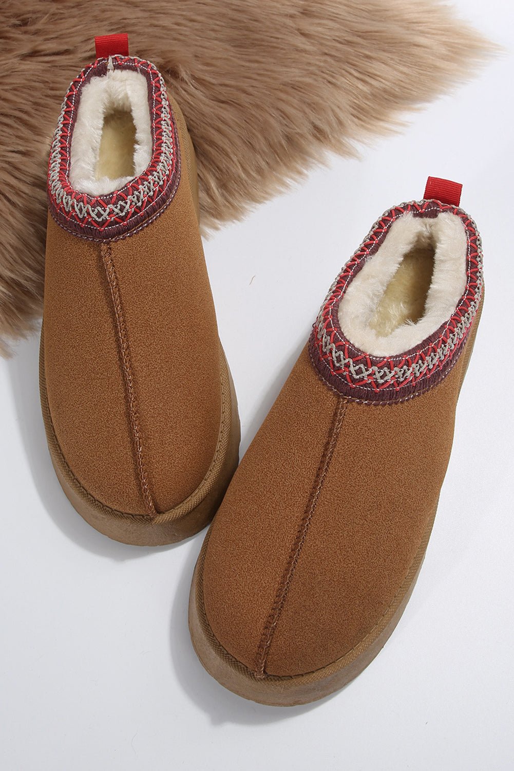 Chestnut Suede Contrast Print Round Toe Plush Lined Flats - MAD RUFFI