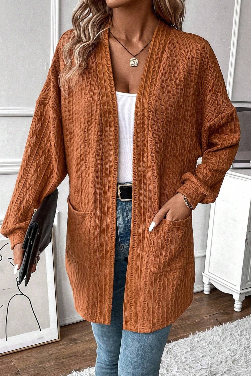 Chestnut Textured Knit Side Pockets Open Front Cardigan - MAD RUFFI