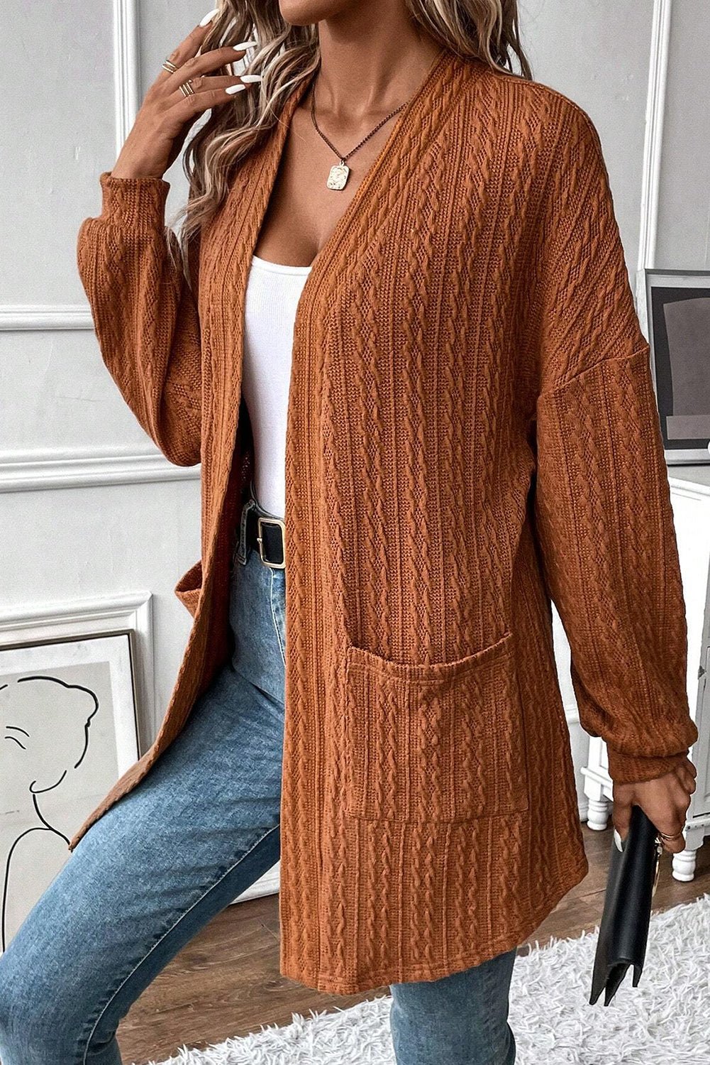 Chestnut Textured Knit Side Pockets Open Front Cardigan - MAD RUFFI