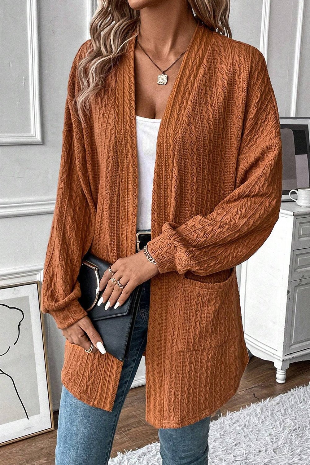 Chestnut Textured Knit Side Pockets Open Front Cardigan - MAD RUFFI