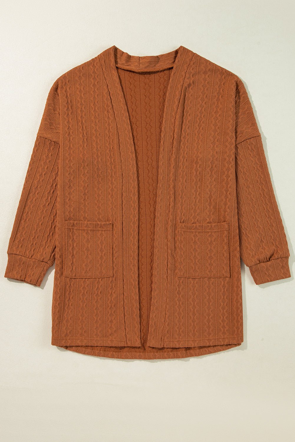 Chestnut Textured Knit Side Pockets Open Front Cardigan - MAD RUFFI
