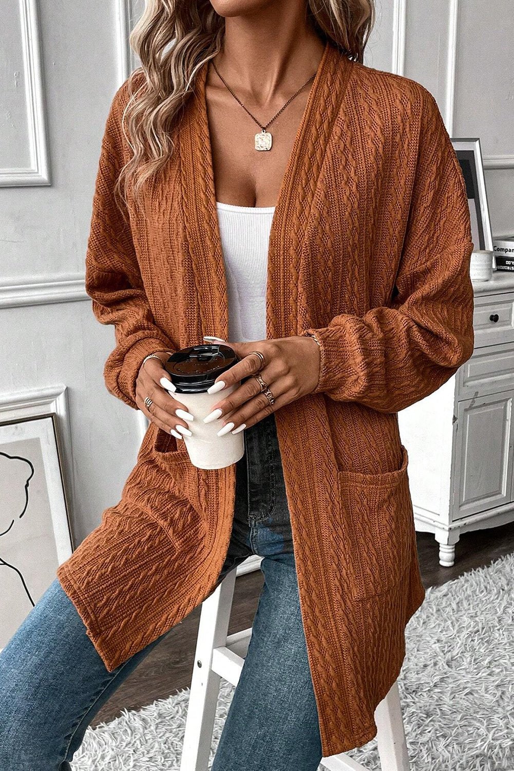 Chestnut Textured Knit Side Pockets Open Front Cardigan - MAD RUFFI