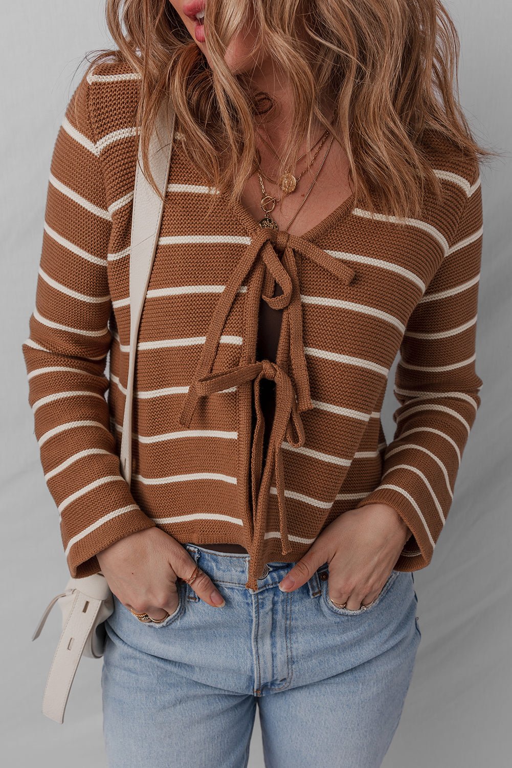 Chestnut Tie Front Striped Knit V Neck Cardigan Sweater - MAD RUFFI