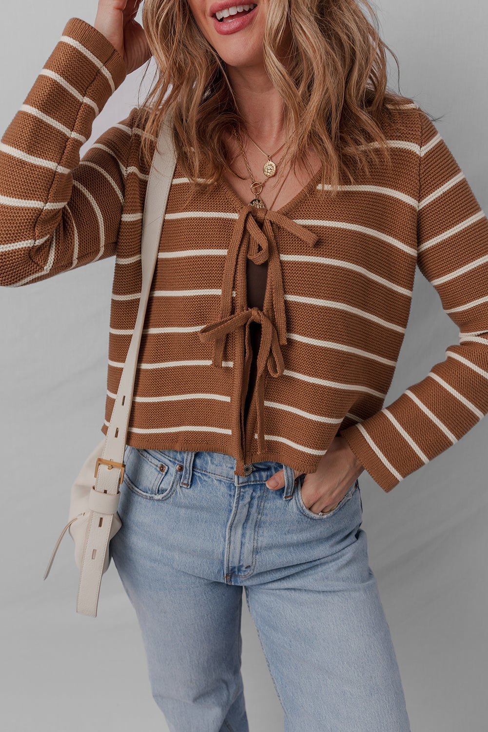 Chestnut Tie Front Striped Knit V Neck Cardigan Sweater - MAD RUFFI