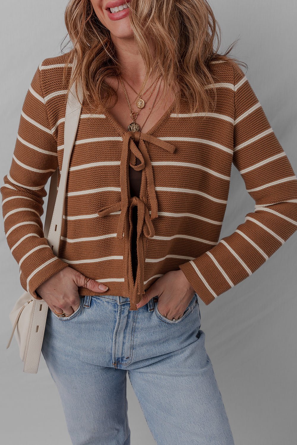 Chestnut Tie Front Striped Knit V Neck Cardigan Sweater - MAD RUFFI