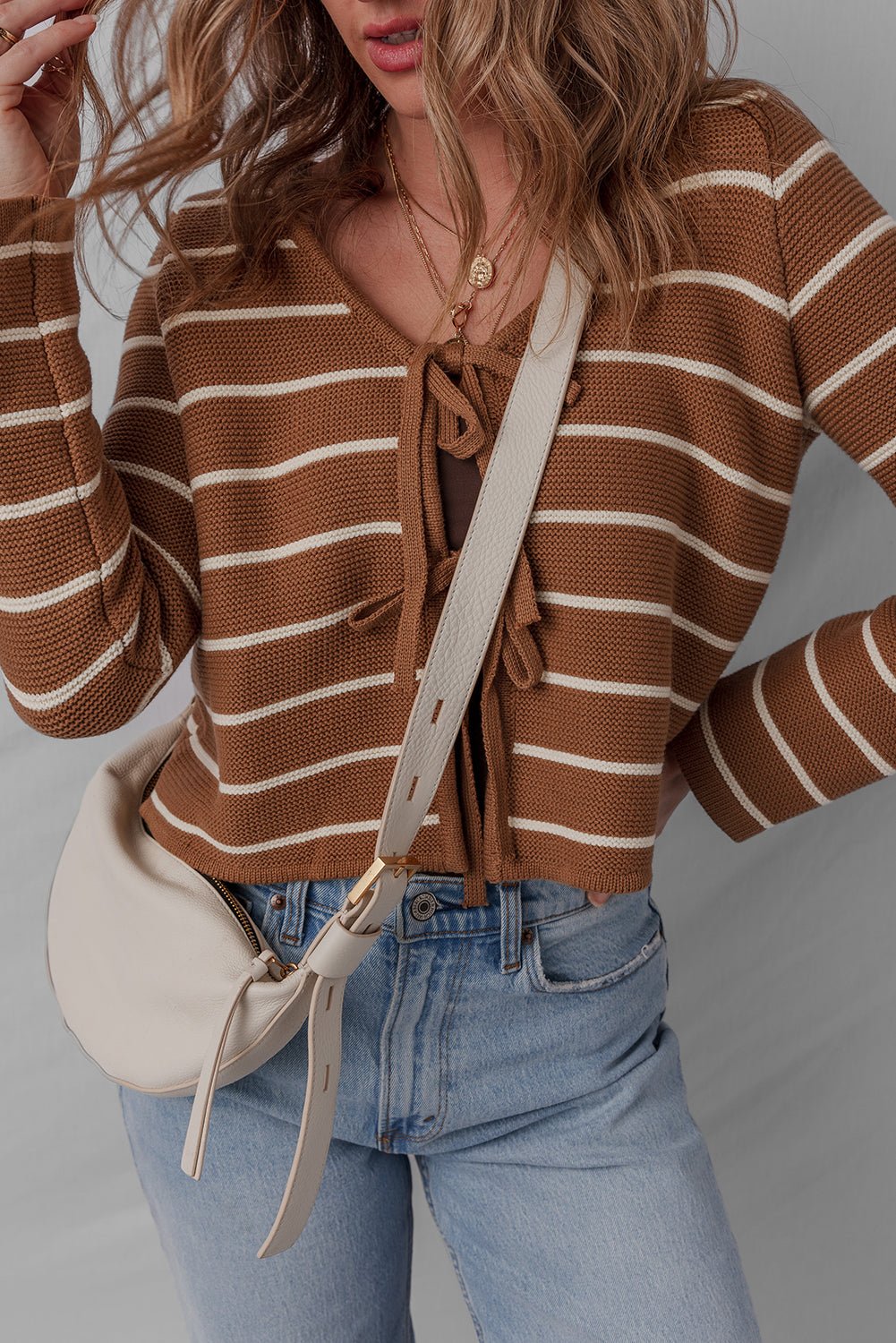 Chestnut Tie Front Striped Knit V Neck Cardigan Sweater - MAD RUFFI
