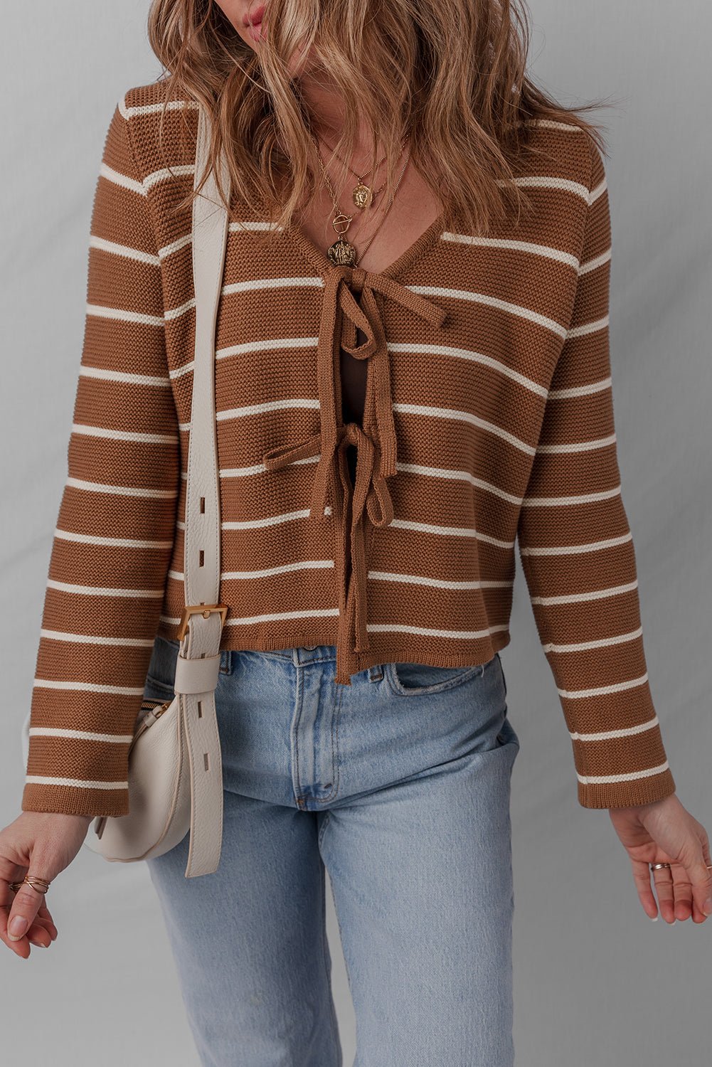 Chestnut Tie Front Striped Knit V Neck Cardigan Sweater - MAD RUFFI