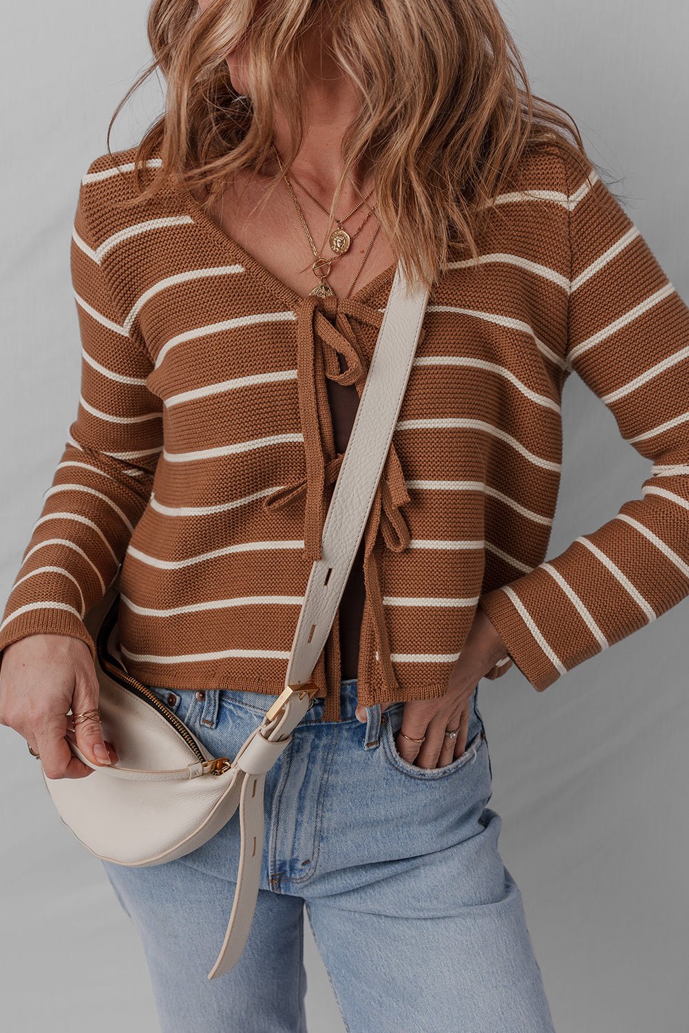 Chestnut Tie Front Striped Knit V Neck Cardigan Sweater - MAD RUFFI
