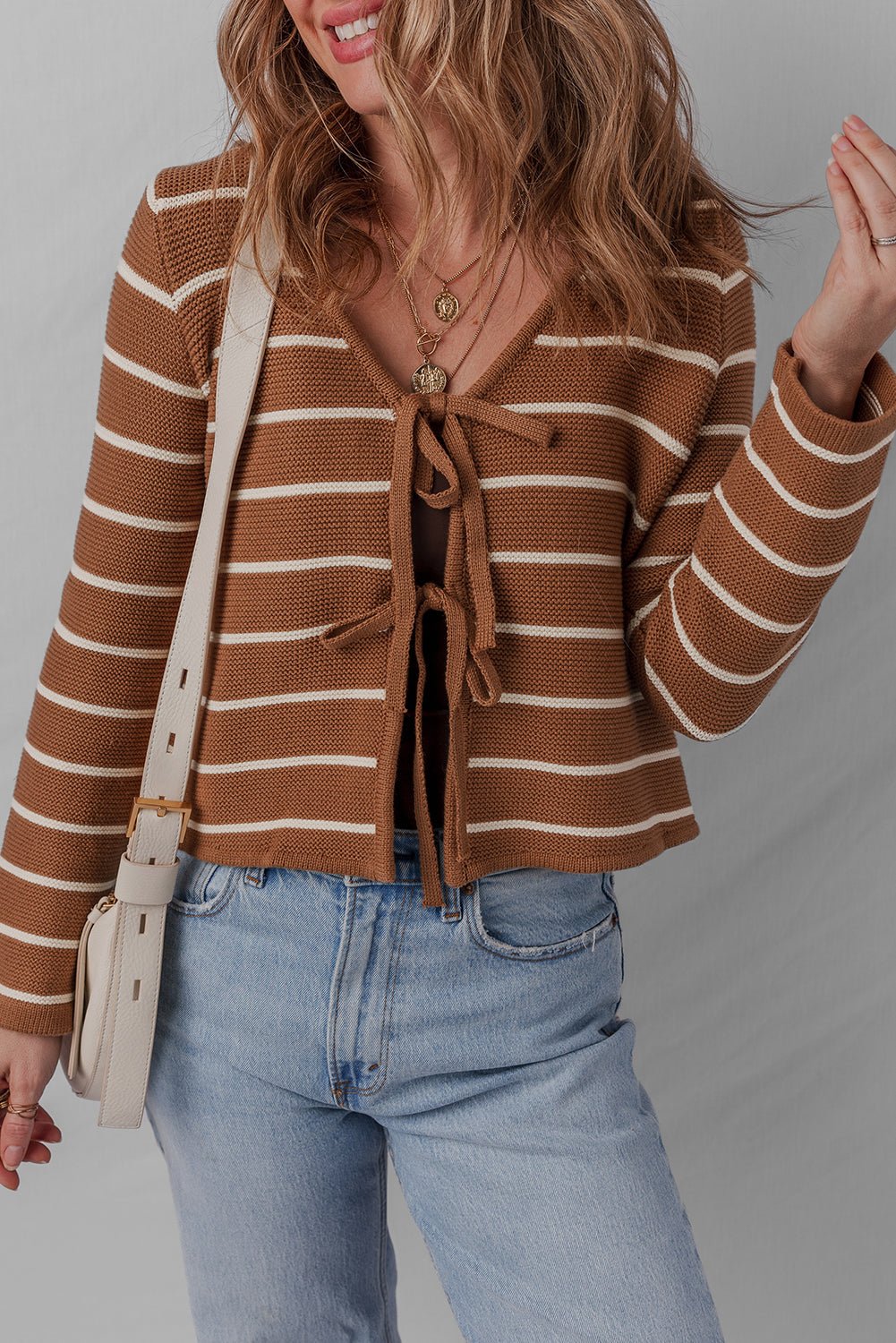 Chestnut Tie Front Striped Knit V Neck Cardigan Sweater - MAD RUFFI