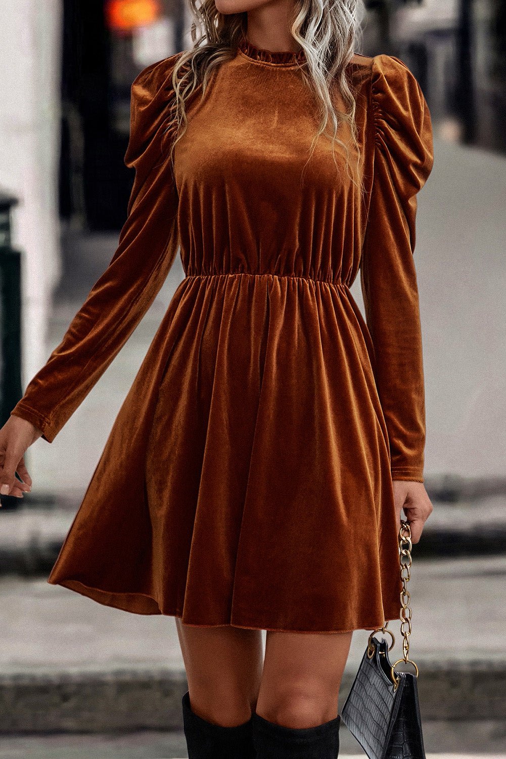 Chestnut Velvet Frilled Neck Gigot Sleeve Swing Dress - MAD RUFFI