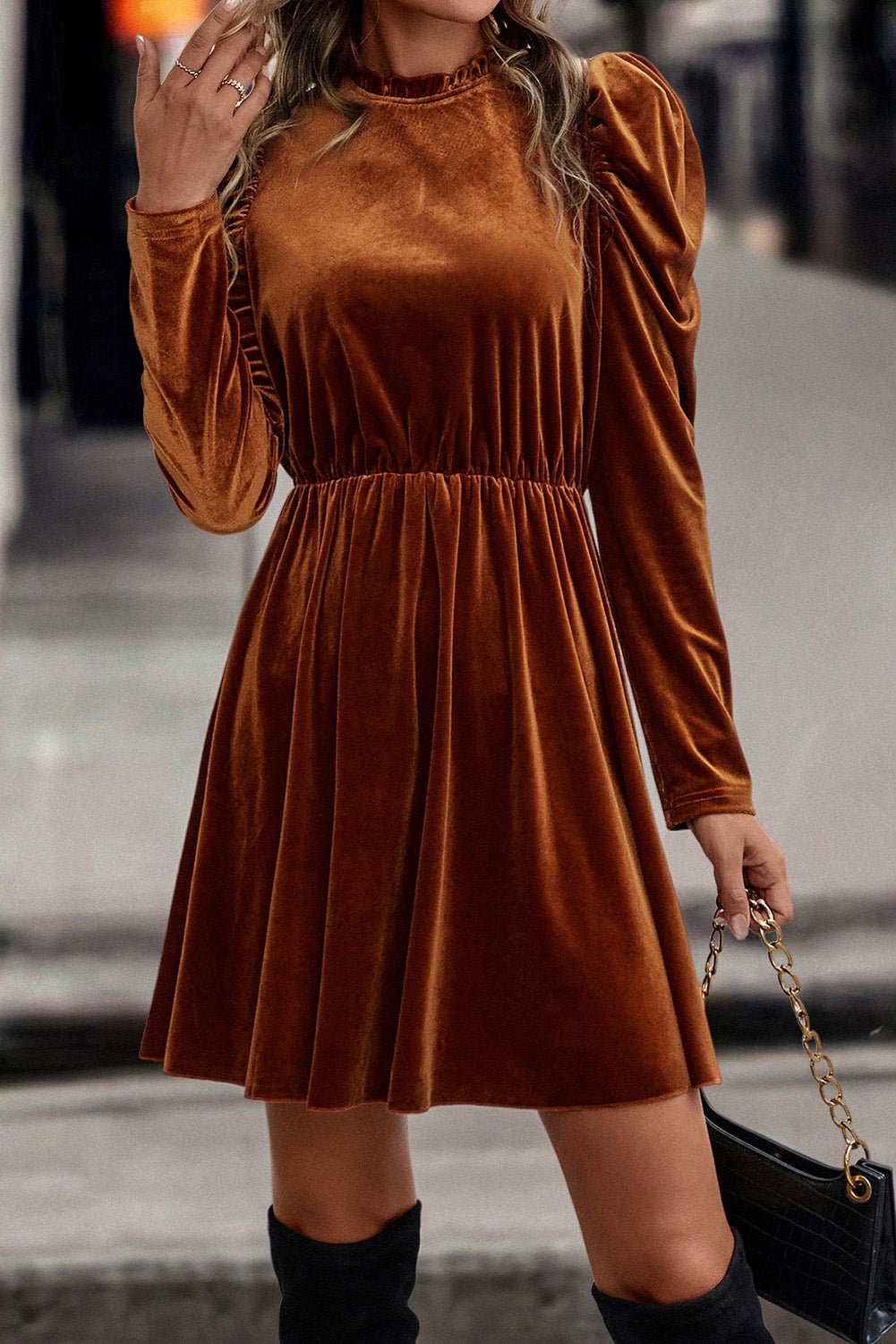 Chestnut Velvet Frilled Neck Gigot Sleeve Swing Dress - MAD RUFFI