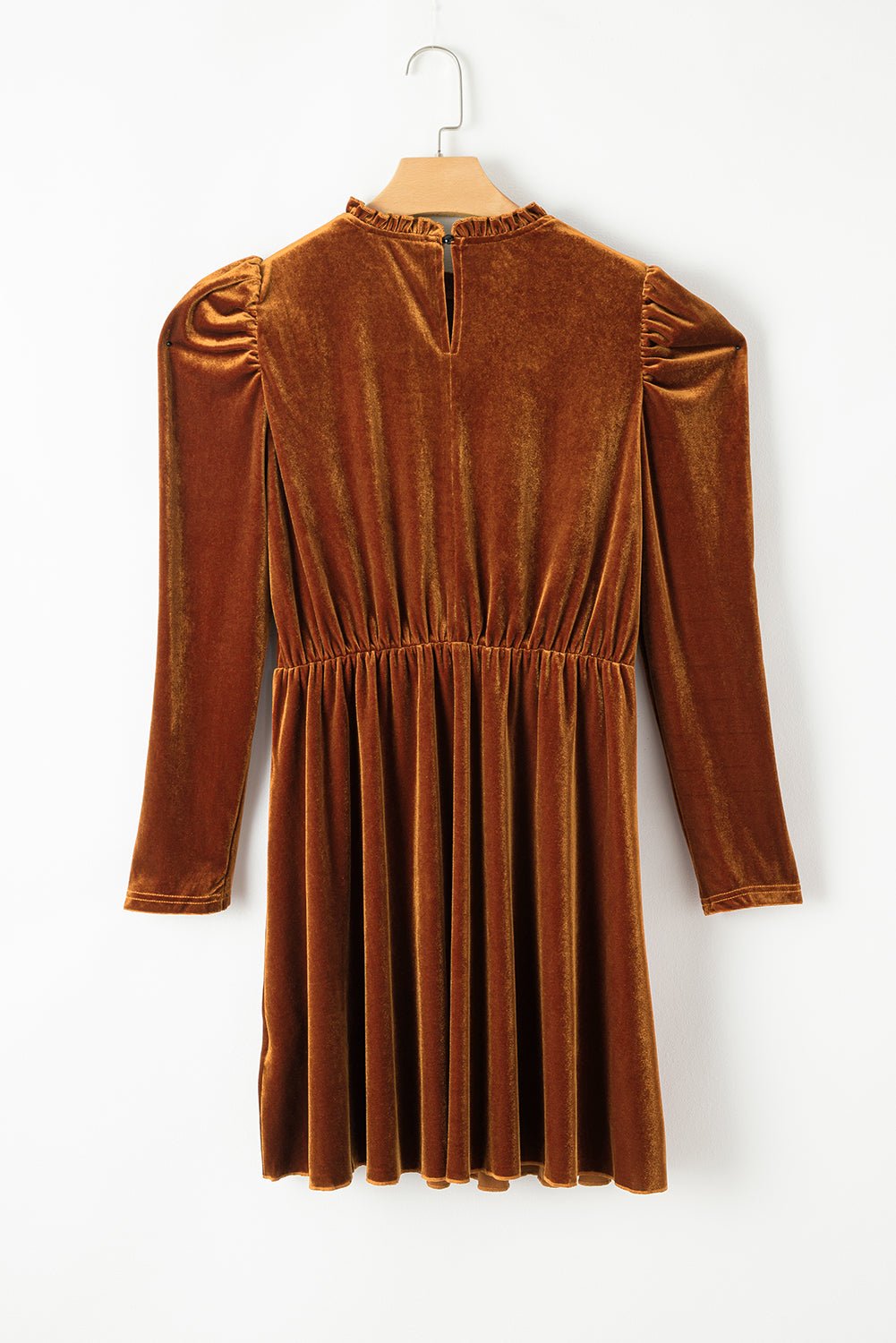 Chestnut Velvet Frilled Neck Gigot Sleeve Swing Dress - MAD RUFFI
