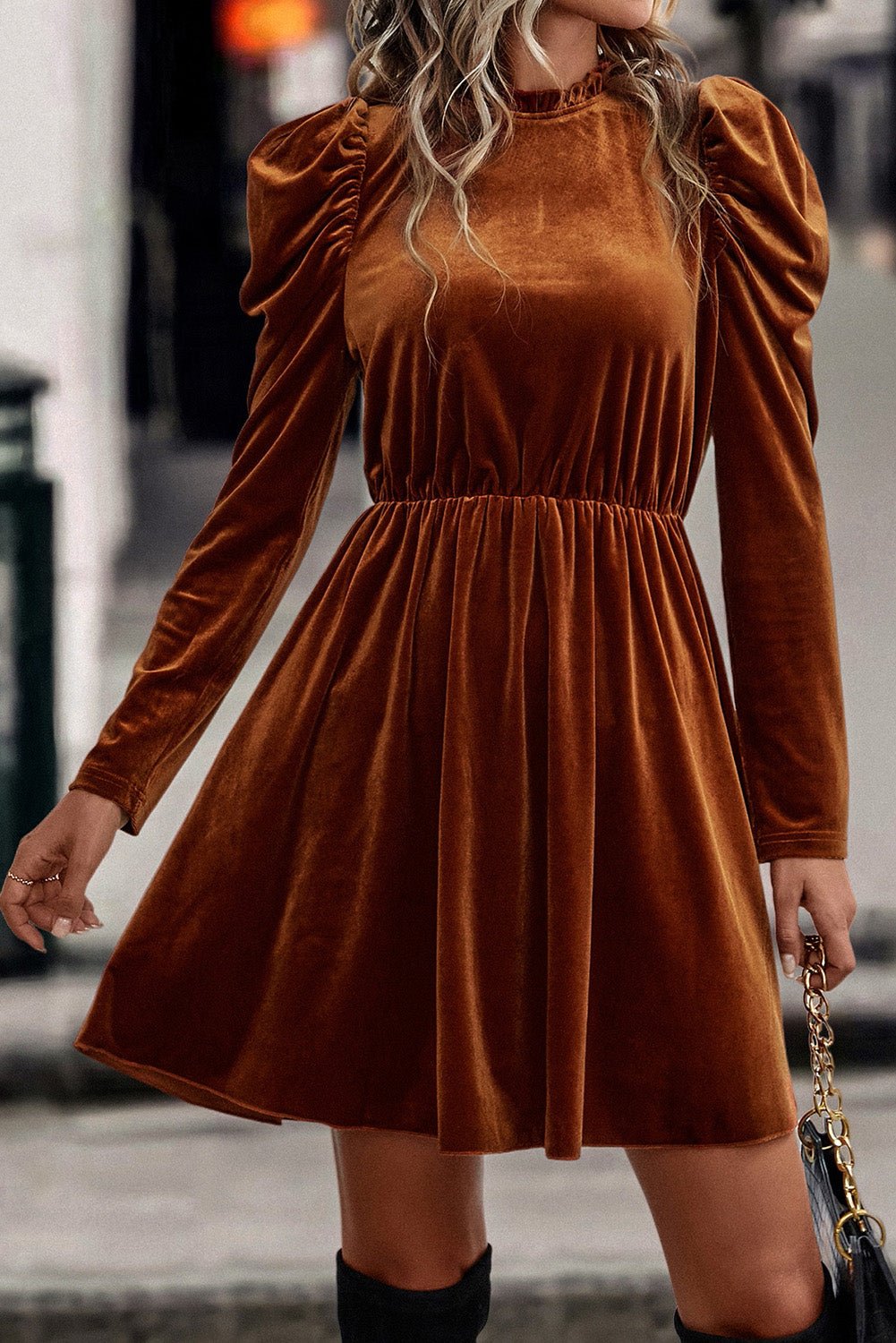 Chestnut Velvet Frilled Neck Gigot Sleeve Swing Dress - MAD RUFFI