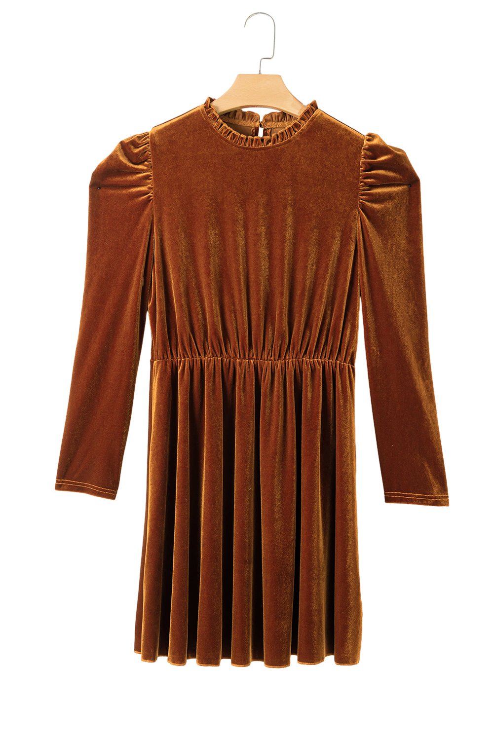 Chestnut Velvet Frilled Neck Gigot Sleeve Swing Dress - MAD RUFFI
